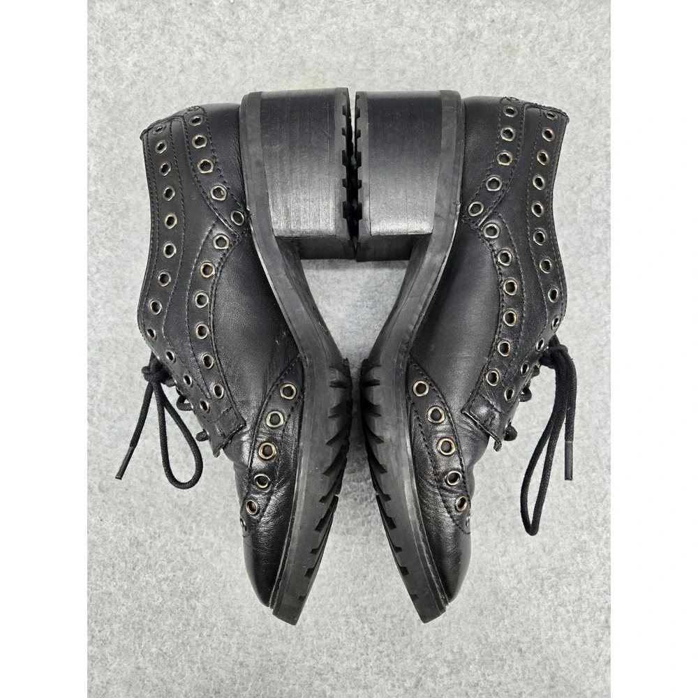 Michael Kors Black Leather Grommet Eyelet Lace Up Block Heel Oxfords 7M Goth - Picture 5 of 7
